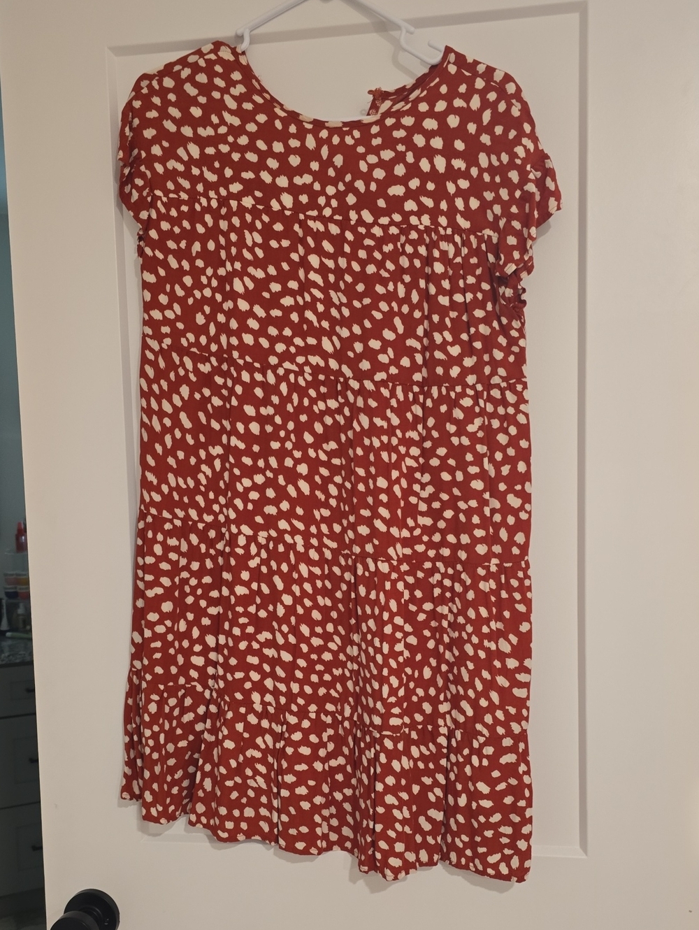Women's Rust Red & Cream Short Sleeve Tiered Dress